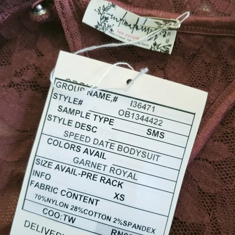 FREE PEOPLE bodysuit Speed Date open back sheer floral lace garnet royal XS NEW - Picture 7 of 8